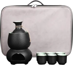 Sake Set and Cups with Warmer and Sake Storage Bag, Traditional Porcelain Japanese Pottery Hot Saki Drink, 9pcs Include 1 Stove 1 Warming Bowl 1 Sake Bottle 6 Cup