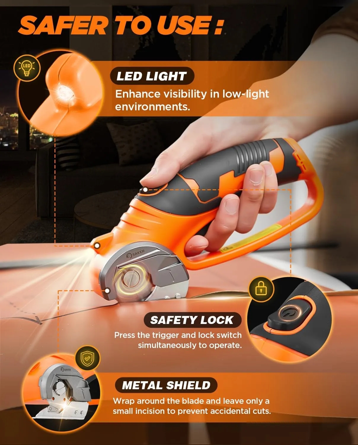 Saker Electric Box Cardboard Cutter: Cordless Elwetric Scissors for Fabric Leather Paper Plastic - Card Board Cutter Tool with 4V Recharged Battery - Safety Lock and LED Light for Cutting,Orange