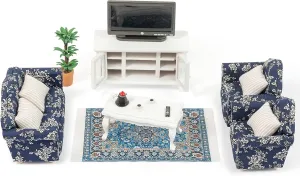 SAMCAMI Miniature Dollhouse Furniture 1 12 Scale - Wooden Dollhouse Furniture Set for Dollhouse Living Room - Doll House Furniture Incl Sofa, TV Cabinet, Coffee Table and Other Accessories (Blue)