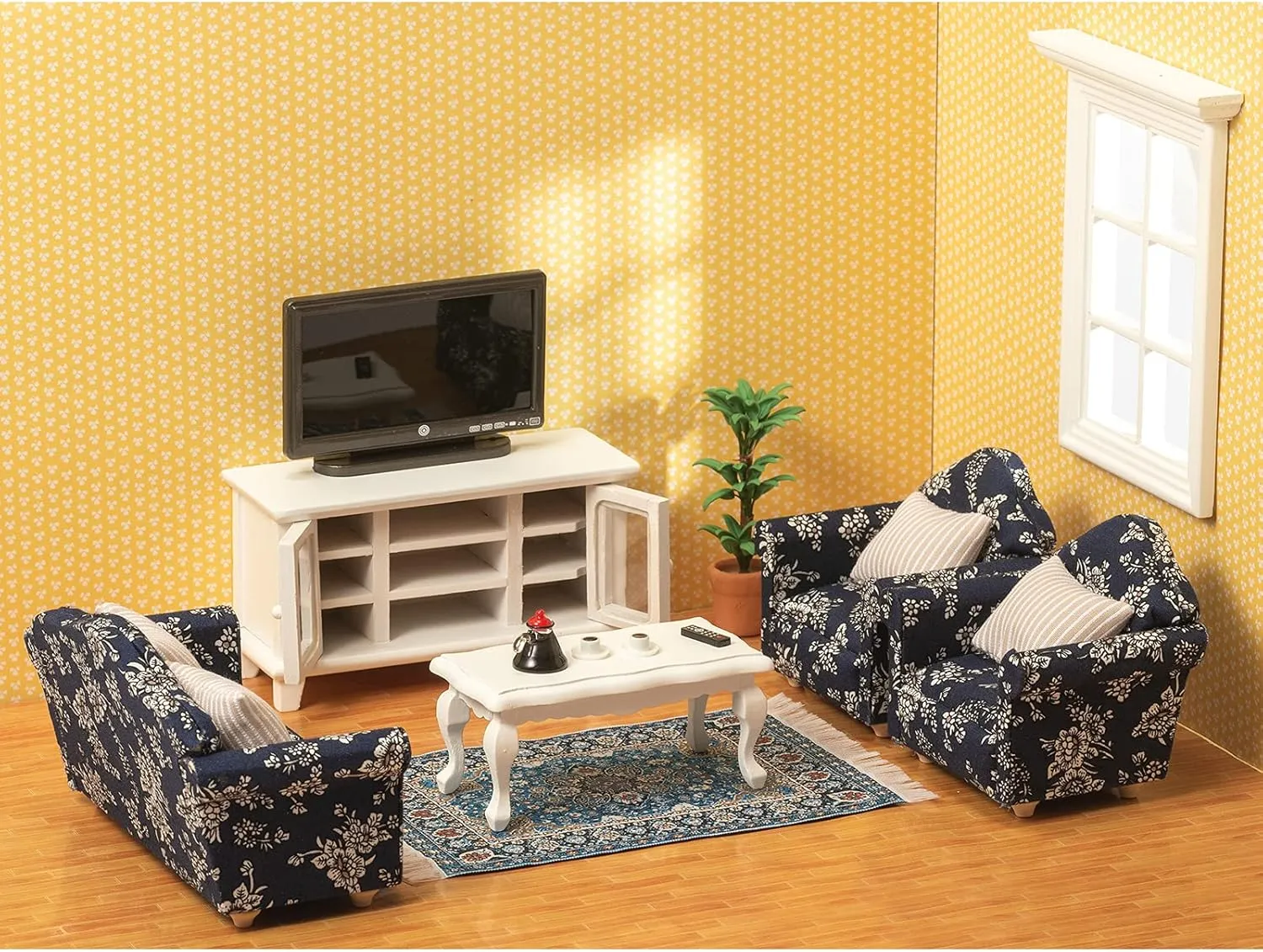 SAMCAMI Miniature Dollhouse Furniture 1 12 Scale - Wooden Dollhouse Furniture Set for Dollhouse Living Room - Doll House Furniture Incl Sofa, TV Cabinet, Coffee Table and Other Accessories (Blue)
