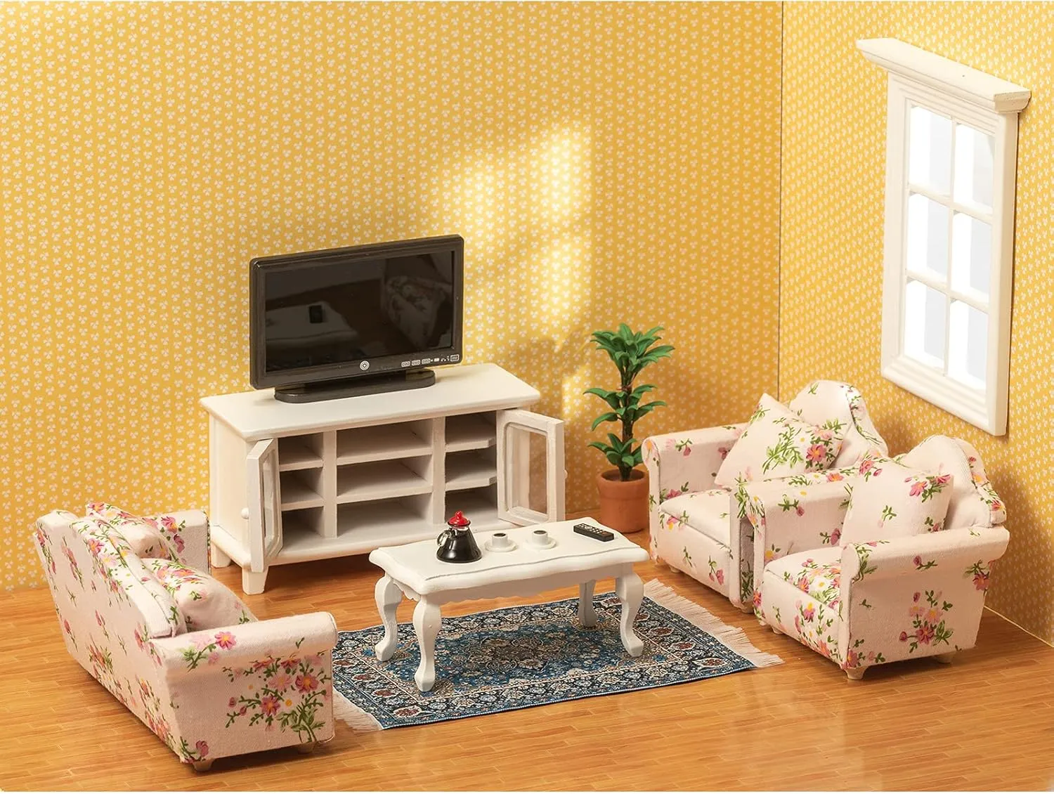 SAMCAMI Miniature Dollhouse Furniture 1 12 Scale - Wooden Dollhouse Furniture Set for Dollhouse Living Room - Doll House Furniture Incl Sofa, TV Cabinet, Coffee Table and Other Accessories (Red)