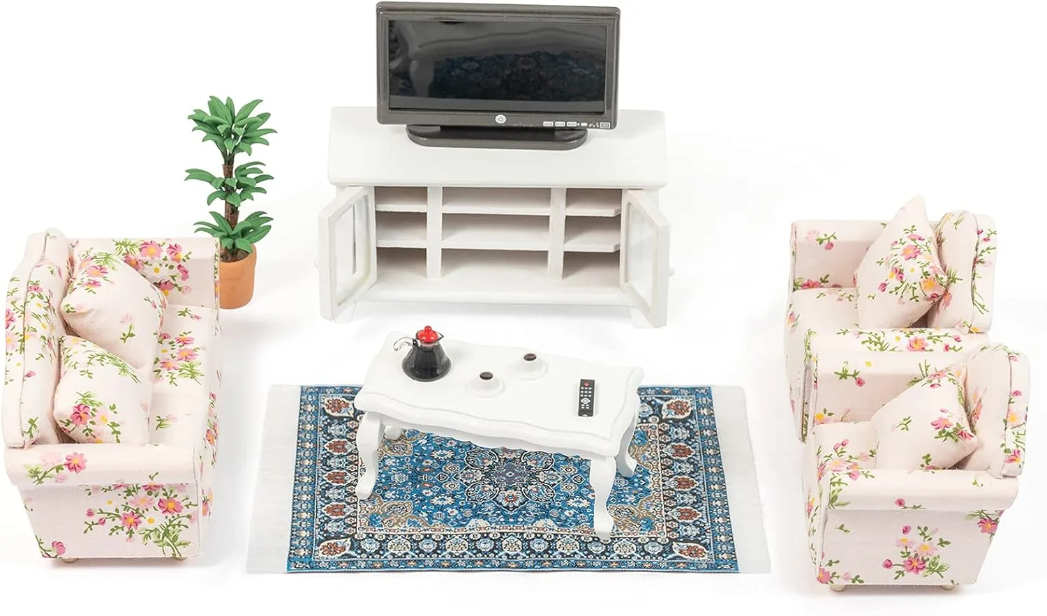 SAMCAMI Miniature Dollhouse Furniture 1 12 Scale - Wooden Dollhouse Furniture Set for Dollhouse Living Room - Doll House Furniture Incl Sofa, TV Cabinet, Coffee Table and Other Accessories (Red)