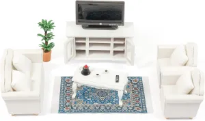 SAMCAMI Miniature Dollhouse Furniture 1 12 Scale - Wooden Dollhouse Furniture Set for Dollhouse Living Room - Doll House Furniture Incl Sofa, TV Cabinet, Coffee Table and Other Accessories (White)