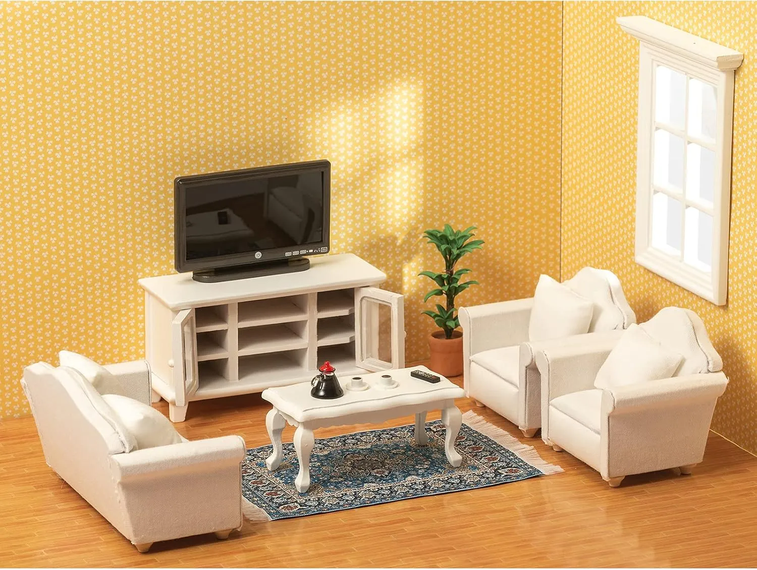 SAMCAMI Miniature Dollhouse Furniture 1 12 Scale - Wooden Dollhouse Furniture Set for Dollhouse Living Room - Doll House Furniture Incl Sofa, TV Cabinet, Coffee Table and Other Accessories (White)