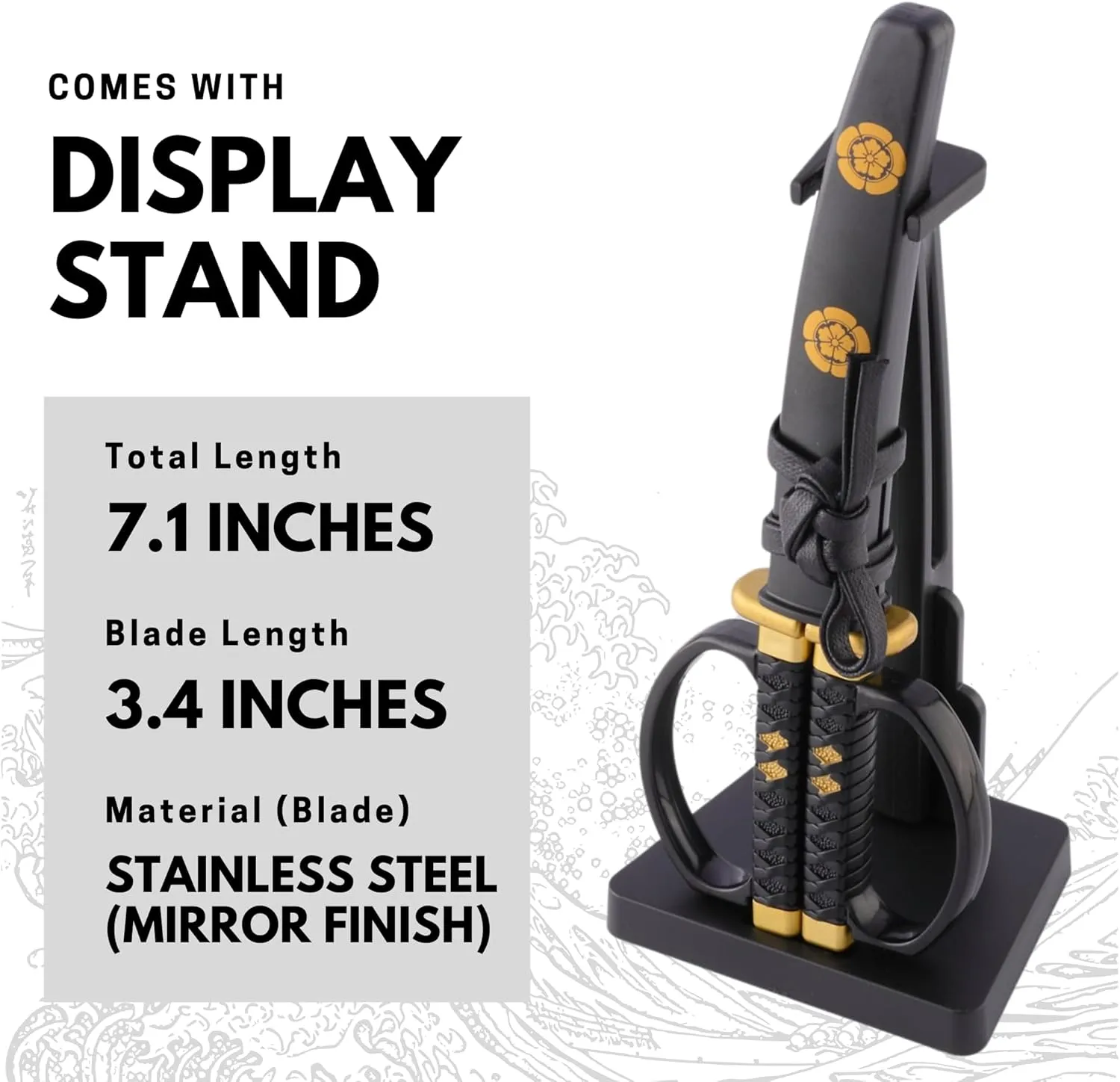 Samurai Sword Scissors, Katana-Inspired with Display Stand - Made in Japan (Black)