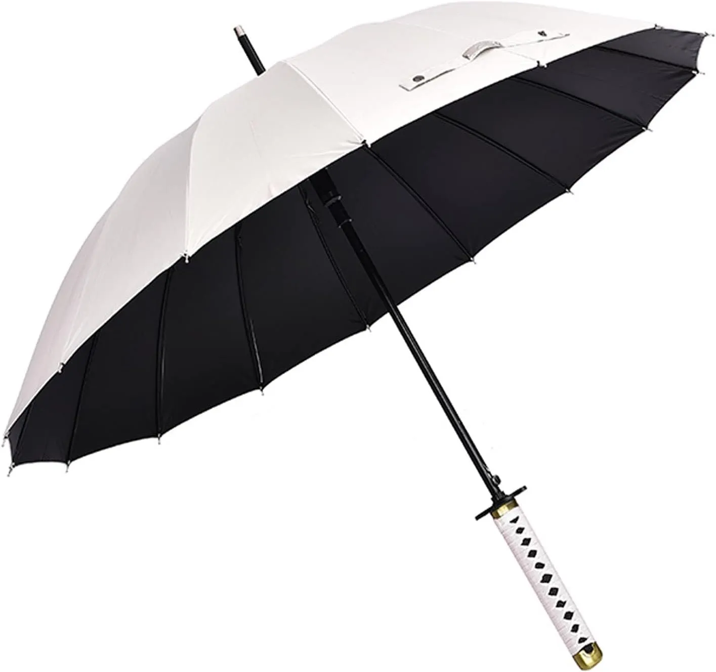Samurai Sword with Long Handle Umbrella,Golf Umbrella,Rain and Sun Protection and Windproof,Fiber Ribs(16 Bone),105cm/41 Diameter, Suitable for 1 or 2 Persons, Manual,Black/White