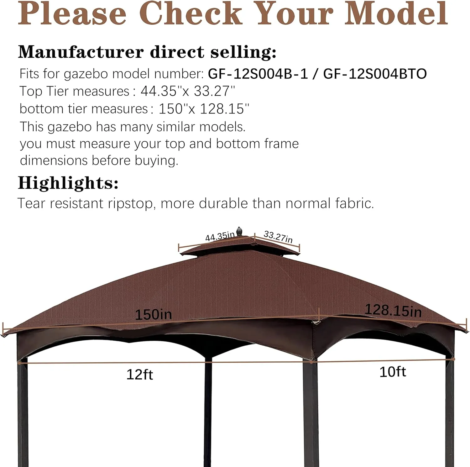 SCOCANOPY Brown Ripstop Replacement Top for Lowe's Allen Roth 10X12 Gazebo Model #GF-12S004B-1/ GF-12S004BTO