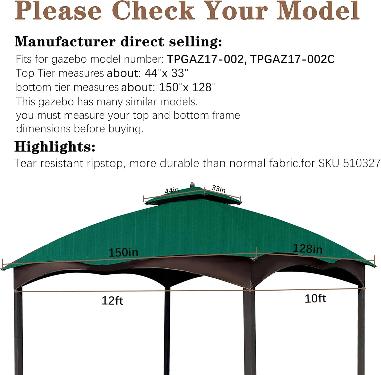SCOCANOPY Burgundy Ripstop Replacement Cover for Lowe's Allen Roth 10X12 Gazebo Model #TPGAZ17-002C,TPGAZ17-002
