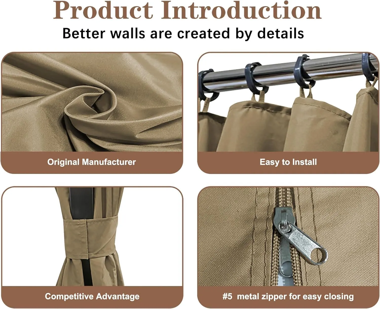 SCOCANOPY Khaki 10' x 12' Gazebo Privacy Curtain Set Fit for Lowe's Allen Roth 10X12 Gazebo Model #GF-12S004B-1 / GF-12S004BTO/ TPGAZ17-002/TPGAZ2303