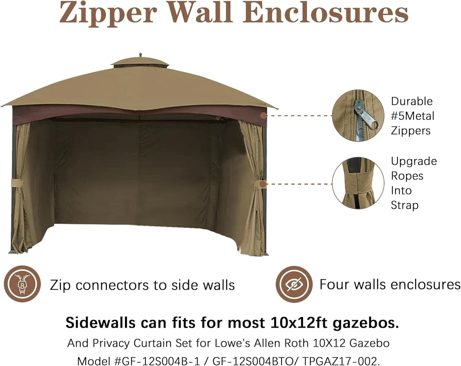 SCOCANOPY Khaki 10' x 12' Gazebo Privacy Curtain Set Fit for Lowe's Allen Roth 10X12 Gazebo Model #GF-12S004B-1 / GF-12S004BTO/ TPGAZ17-002/TPGAZ2303