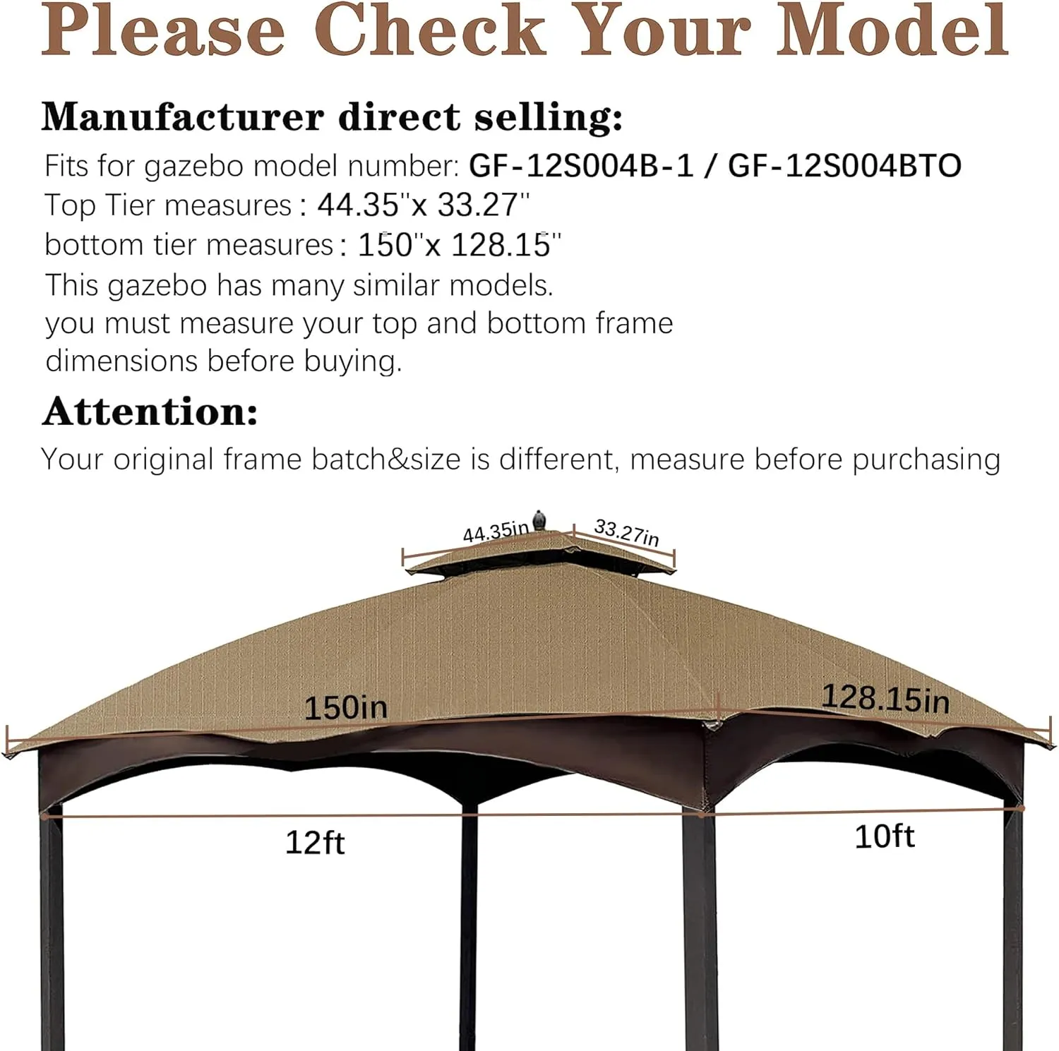 SCOCANOPY Khaki Ripstop Replacement Top for Lowe's Allen Roth 10X12 Gazebo Model #GF-12S004B-1/ GF-12S004BTO