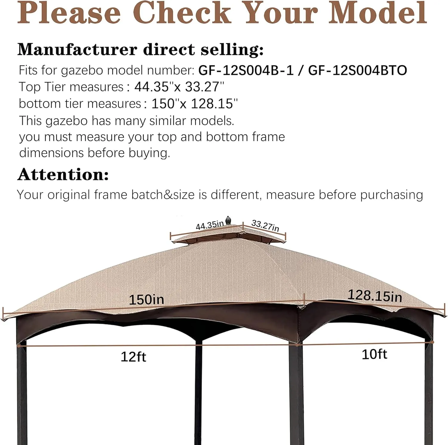 SCOCANOPY Light Beige Ripstop Replacement Top for Lowe's Allen Roth 10X12 Gazebo Model #GF-12S004B-1/ GF-12S004BTO