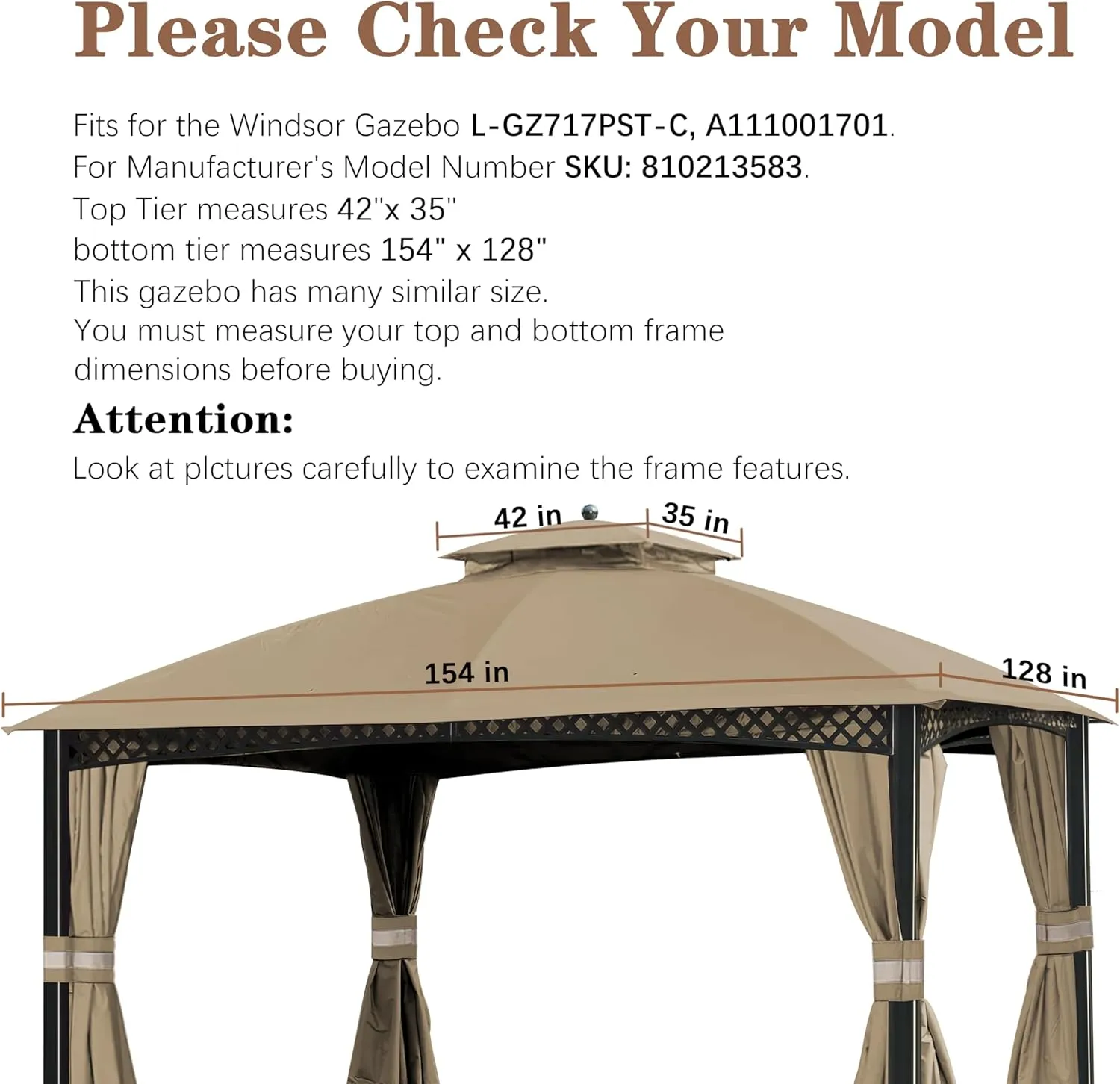 SCOCANOPY Replacement Canopy Cover for Windsor Gazebo L-GZ717PST-C, 810213583,South Hampton Gazebo L-GZ659PST,A111011500 (Khaki)