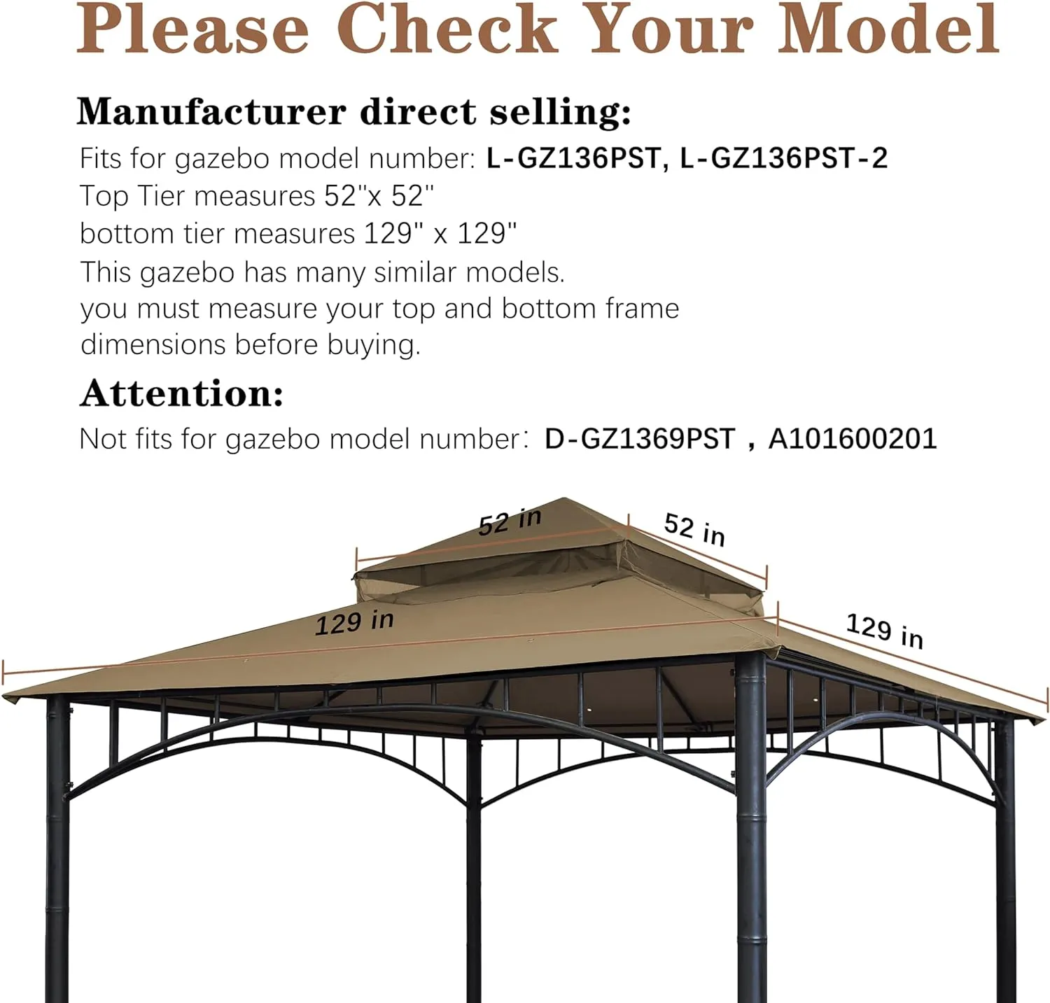 SCOCANOPY Replacement roof for Target Madaga Gazebo Model L-GZ136PST,(Khaki)