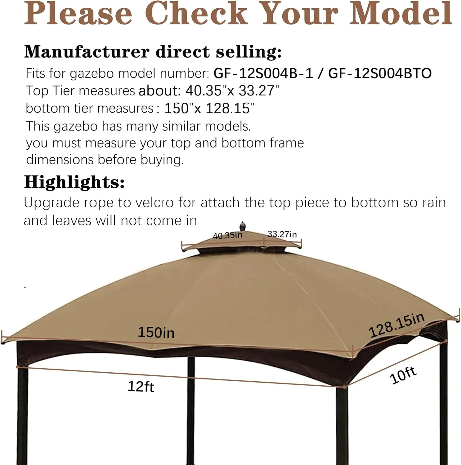 SCOCANOPY Replacement Top for Lowe's Allen Roth 10X12 Gazebo Model #GF-12S004B-1/#GF-12S004BTO (Khaki)