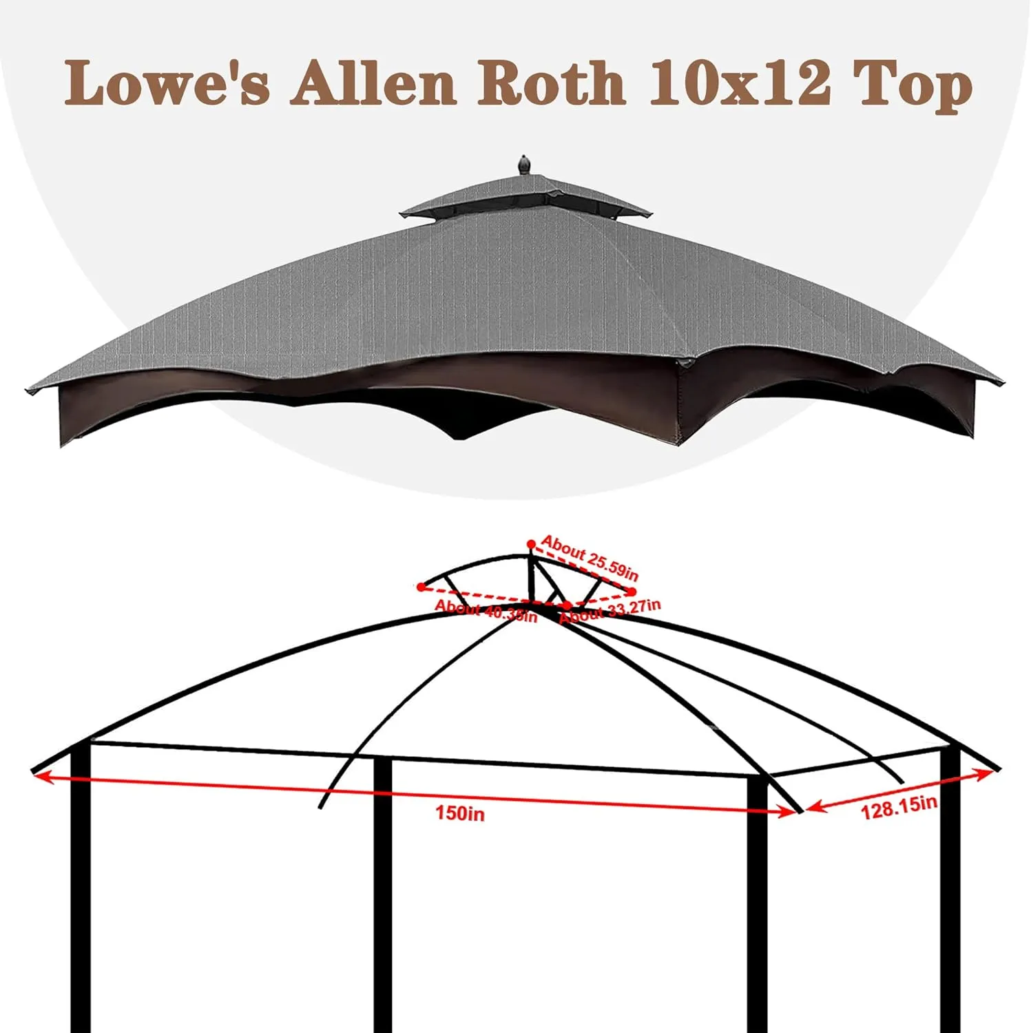 SCOCANOPY Replacement Top for The Lowe's Gazebo Model #GF-12S004B-1 / GF-12S004BTO (Grey Ripstop)