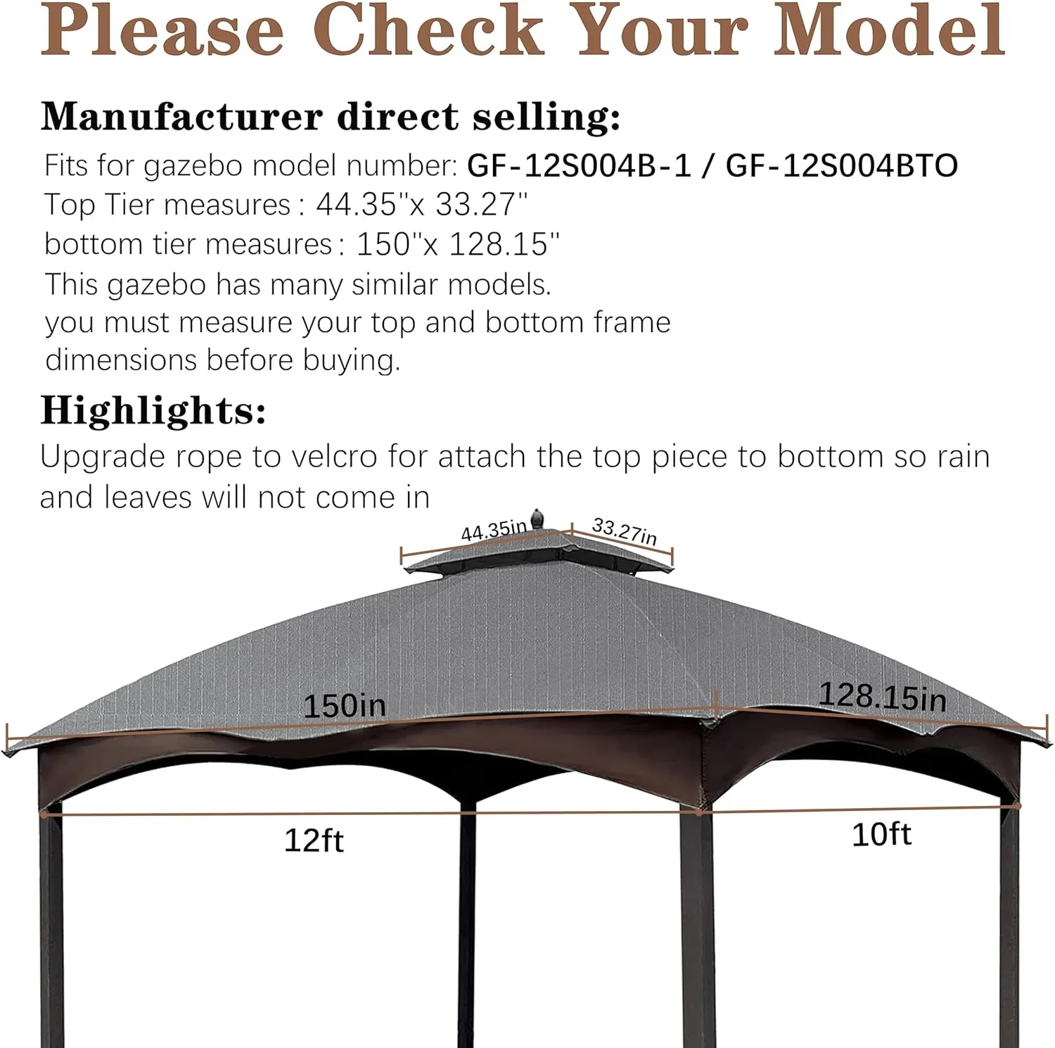 SCOCANOPY Replacement Top for The Lowe's Gazebo Model #GF-12S004B-1 / GF-12S004BTO (Grey Ripstop)