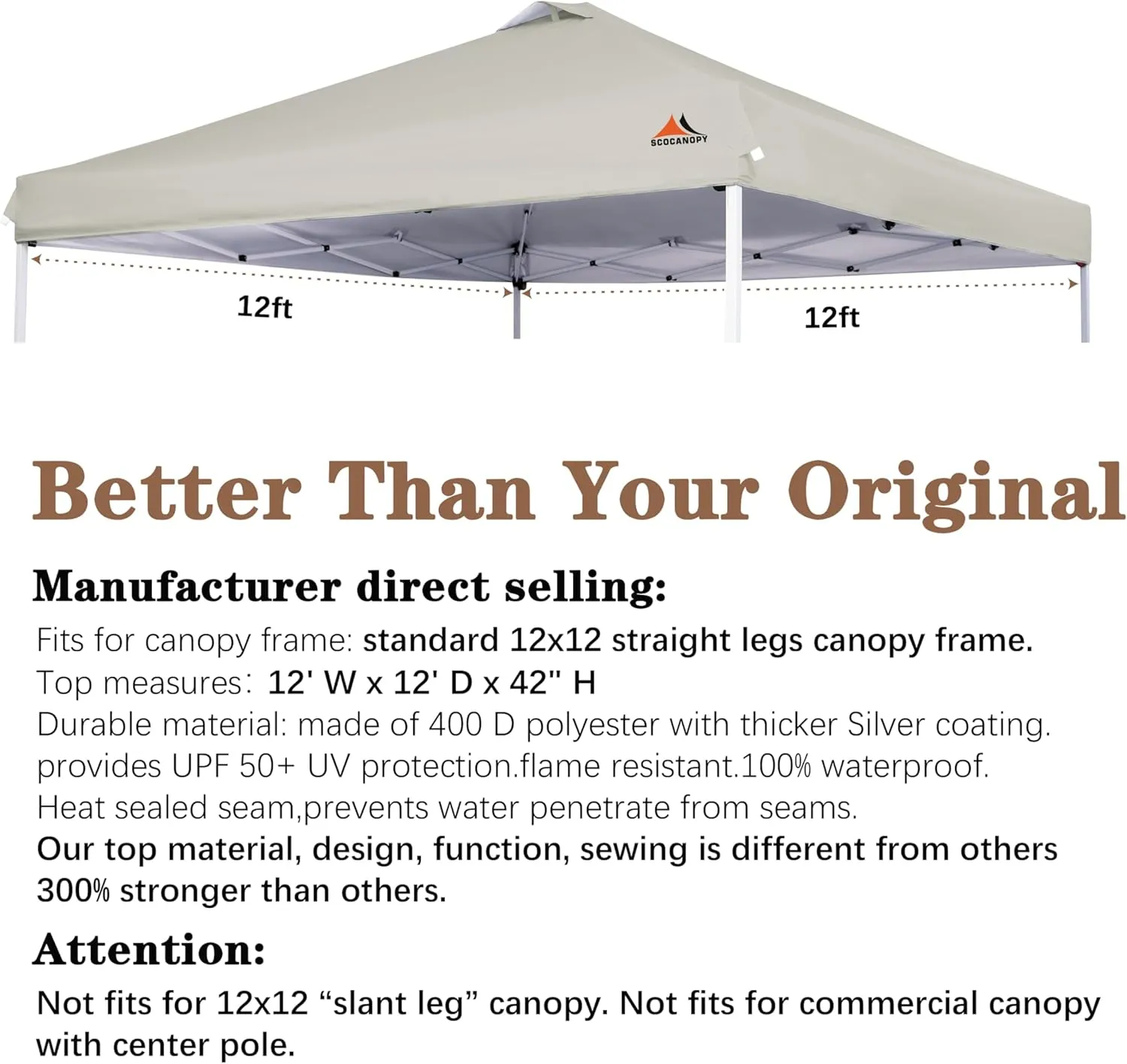 SCOCANOPY Replacement Top with Air Vent for 12x12 Canopy Frame, Canopy Cover ONLY, (Beige)