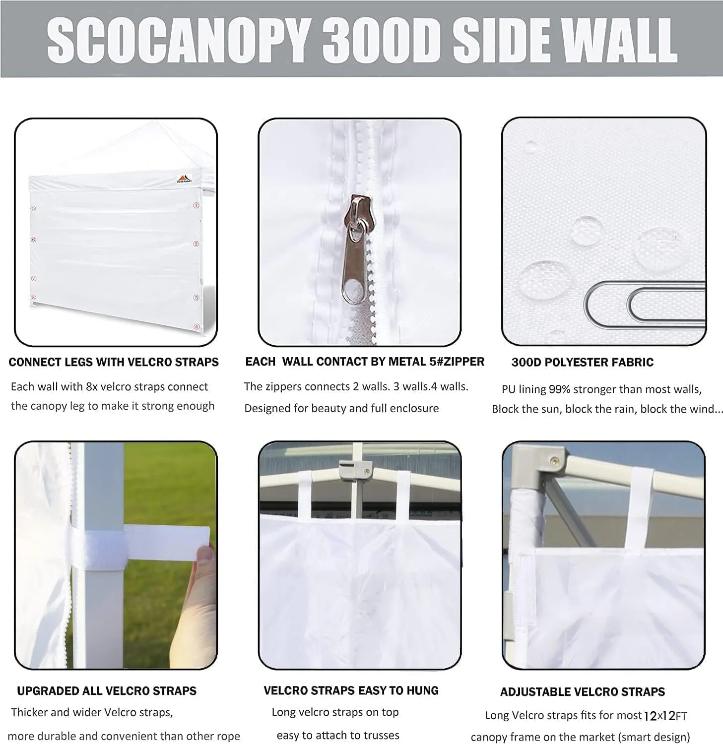 SCOCANOPY SideWall for 12x12ft Canopy Frame, 3 Pack SunWalls Only,(White)