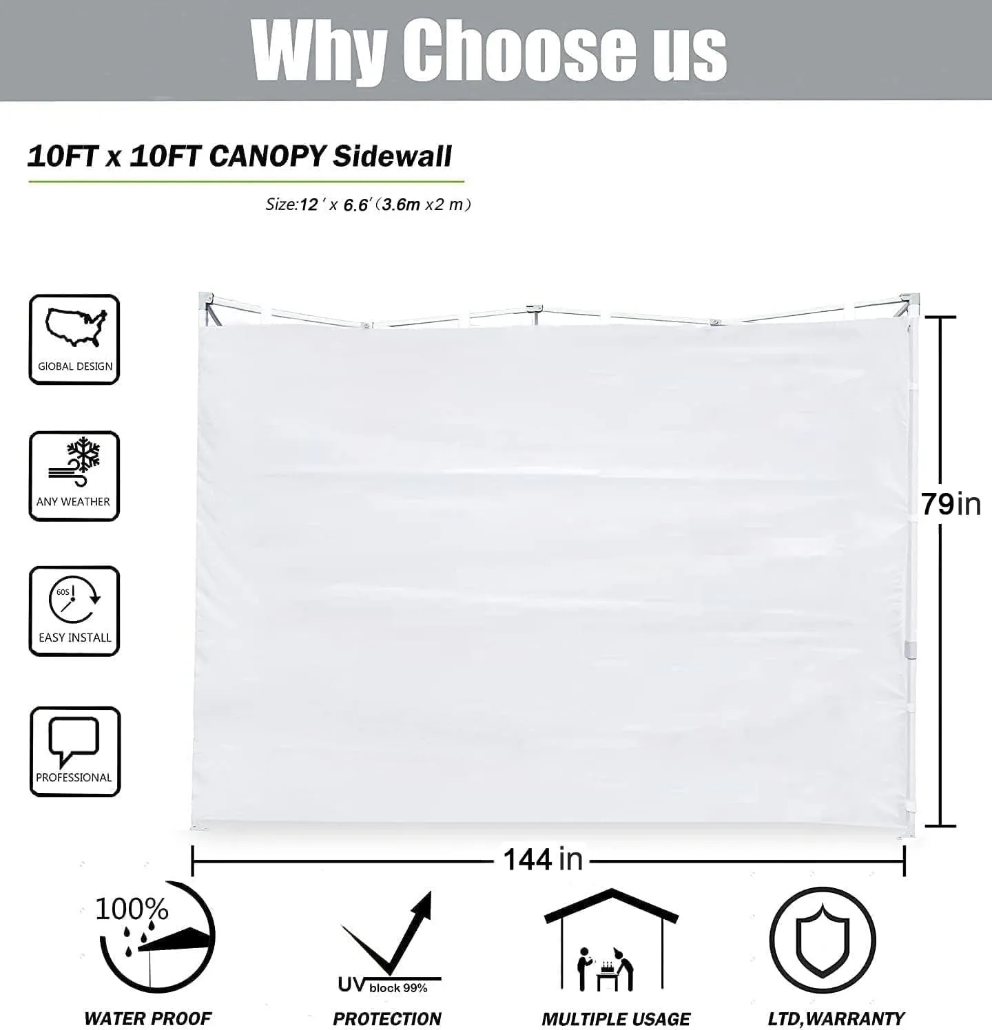 SCOCANOPY SideWall for 12x12ft Canopy Frame, 3 Pack SunWalls Only,(White)