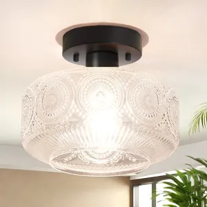 Semi Flush Mount Ceiling Light,Globe Glass Ceiling Light,Hallway Light Fixtures,Vintage Ceiling Hanging Lamp,Black Lighting Fixture for Bedroom Bathroom Entryway Kitchen Porch