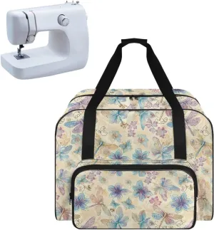 Sewing Machine Carrying Case Dragonfly Floral Sewing Machine Bag Portable Padded Organizer with Pockets and Handles for Sewing Classes or Travel Carrying