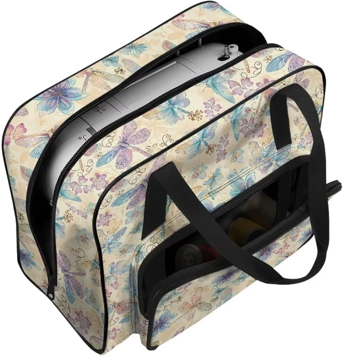 Sewing Machine Carrying Case Dragonfly Floral Sewing Machine Bag Portable Padded Organizer with Pockets and Handles for Sewing Classes or Travel Carrying