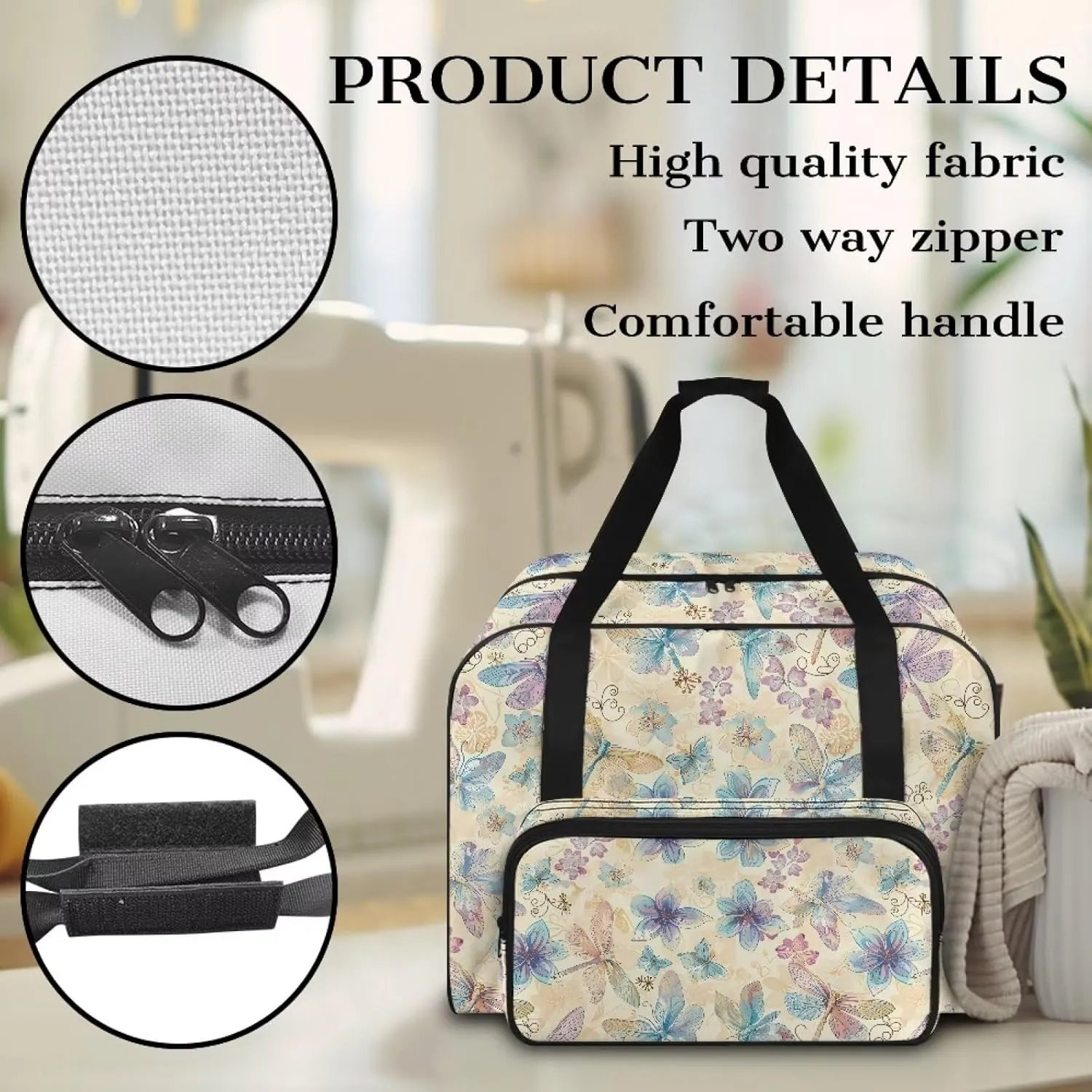 Sewing Machine Carrying Case Dragonfly Floral Sewing Machine Bag Portable Padded Organizer with Pockets and Handles for Sewing Classes or Travel Carrying