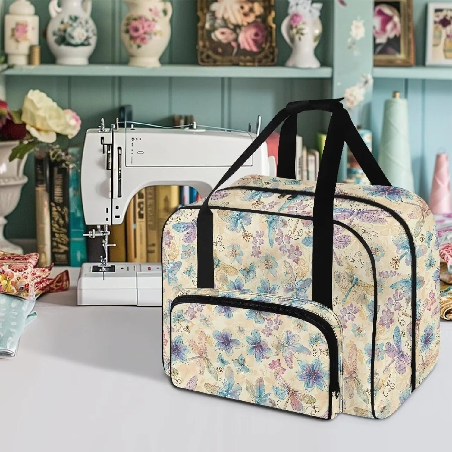 Sewing Machine Carrying Case Dragonfly Floral Sewing Machine Bag Portable Padded Organizer with Pockets and Handles for Sewing Classes or Travel Carrying