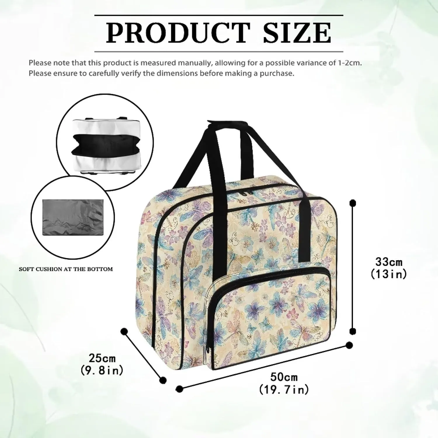 Sewing Machine Carrying Case Dragonfly Floral Sewing Machine Bag Portable Padded Organizer with Pockets and Handles for Sewing Classes or Travel Carrying
