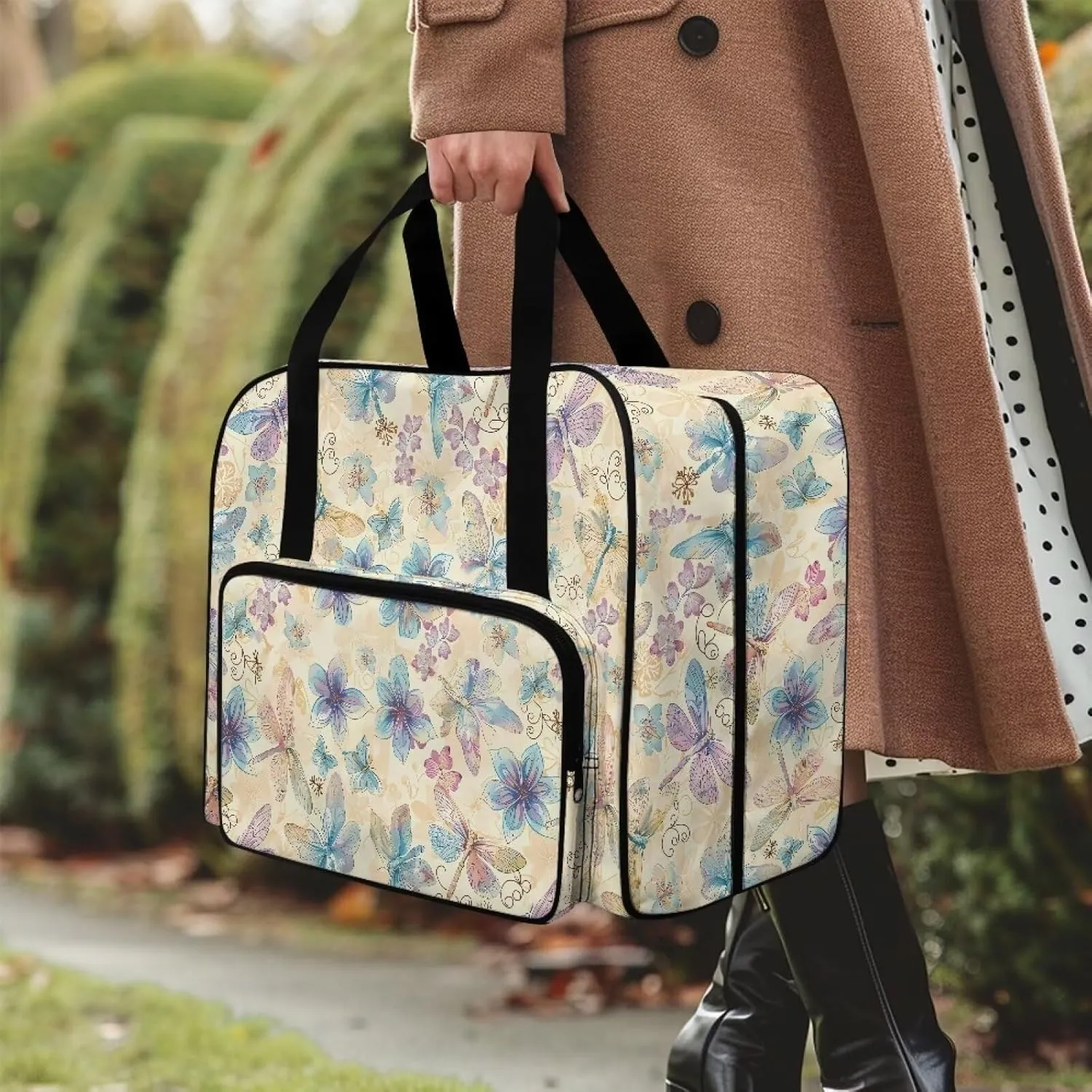 Sewing Machine Carrying Case Dragonfly Floral Sewing Machine Bag Portable Padded Organizer with Pockets and Handles for Sewing Classes or Travel Carrying