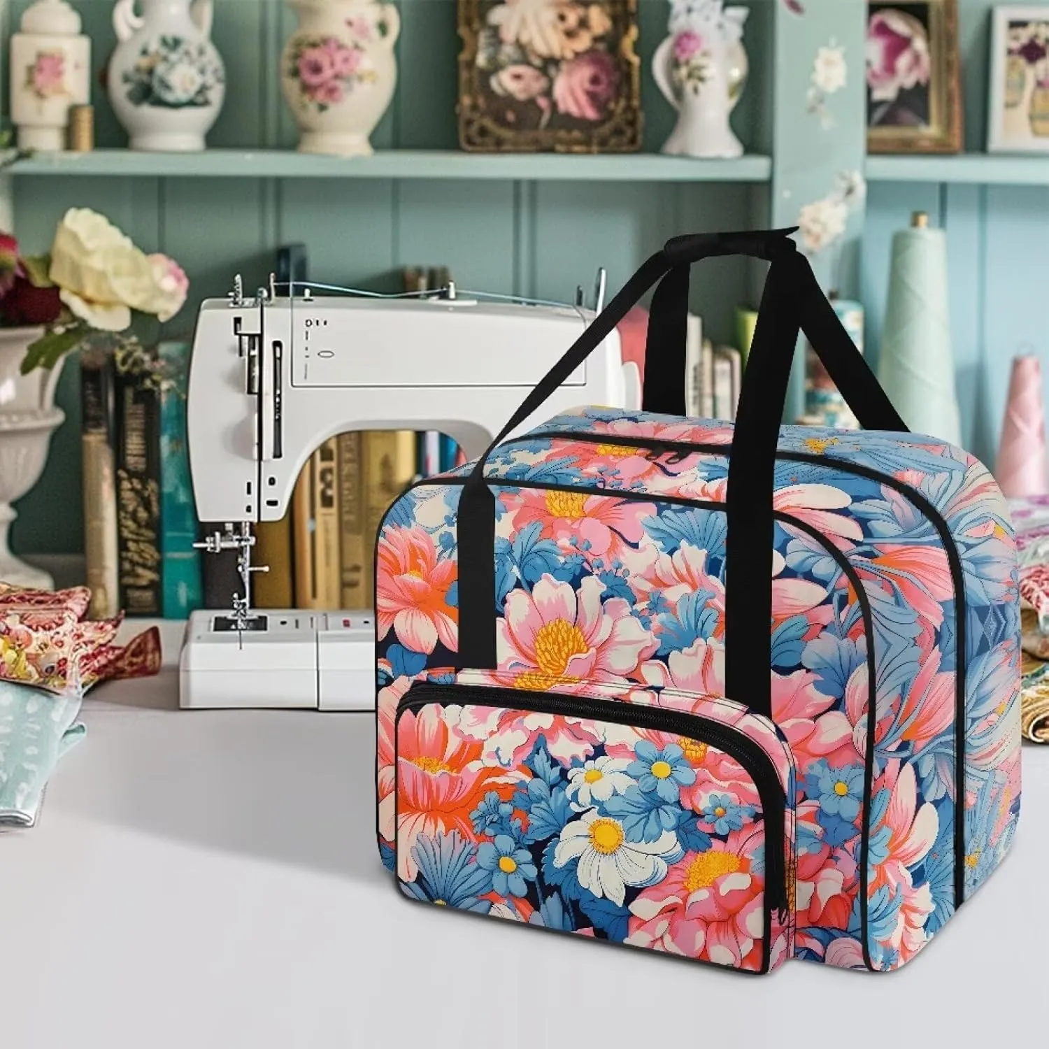 Sewing Machine Carrying Case Portable Sewing Machine Handbag Padded Storage Cover Carrying Case with Pockets and Handles for Standard Sewing Machine Blooming Flowers
