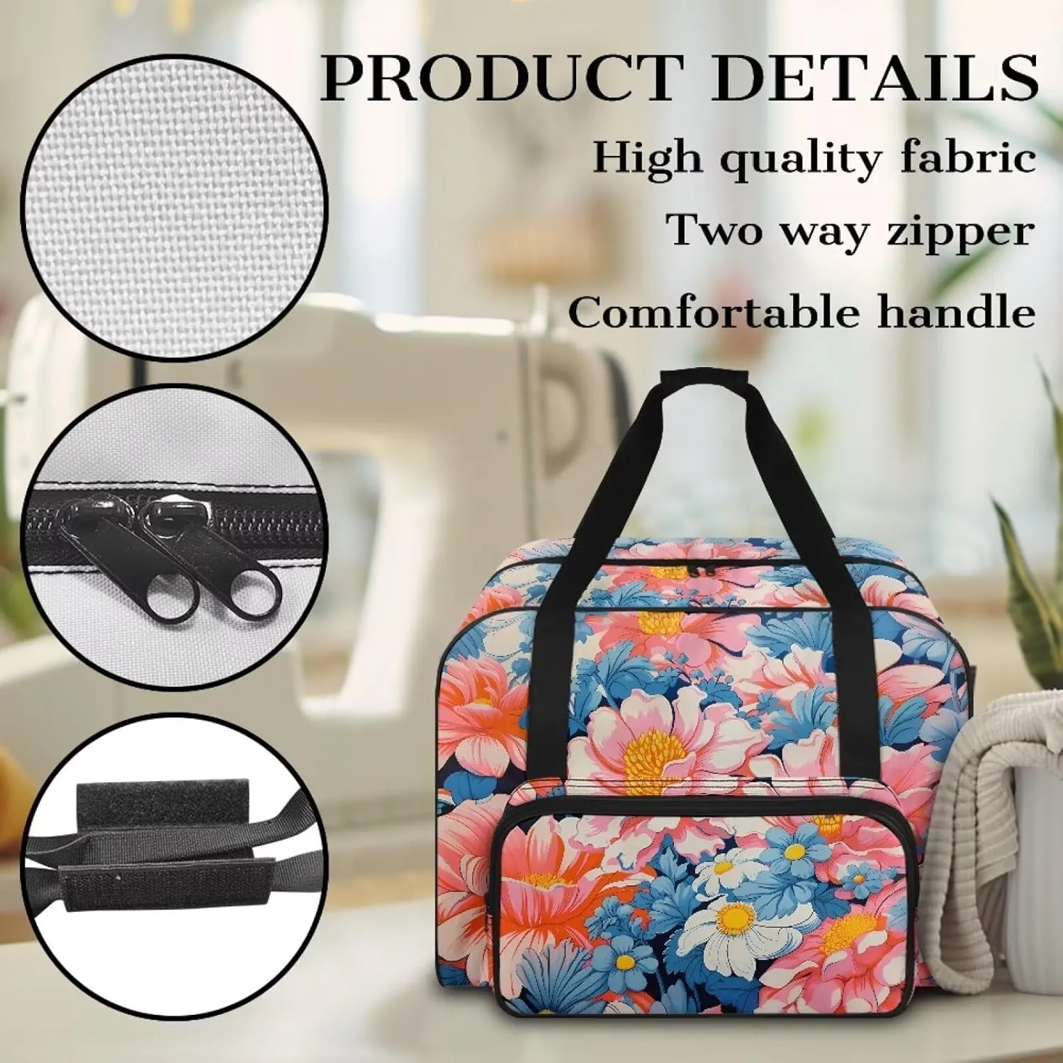 Sewing Machine Carrying Case Portable Sewing Machine Handbag Padded Storage Cover Carrying Case with Pockets and Handles for Standard Sewing Machine Blooming Flowers