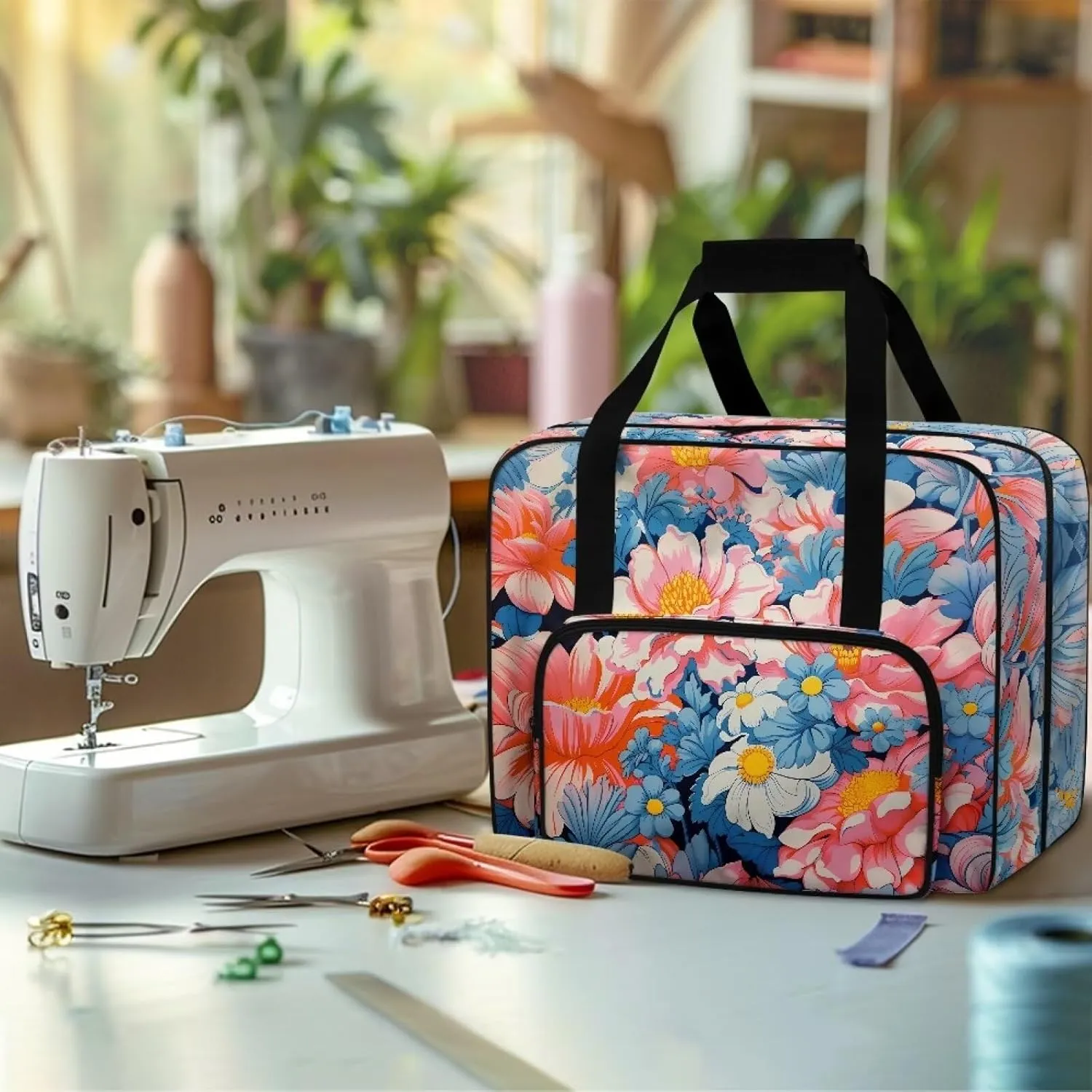 Sewing Machine Carrying Case Portable Sewing Machine Handbag Padded Storage Cover Carrying Case with Pockets and Handles for Standard Sewing Machine Blooming Flowers