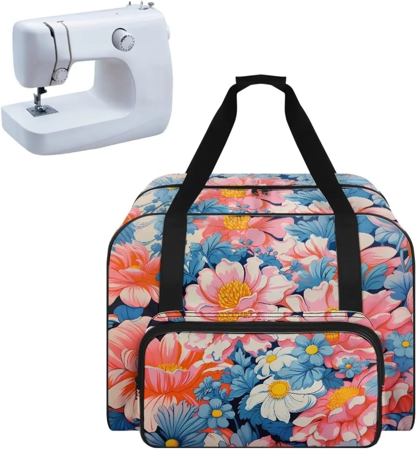 Sewing Machine Carrying Case Portable Sewing Machine Handbag Padded Storage Cover Carrying Case with Pockets and Handles for Standard Sewing Machine Blooming Flowers