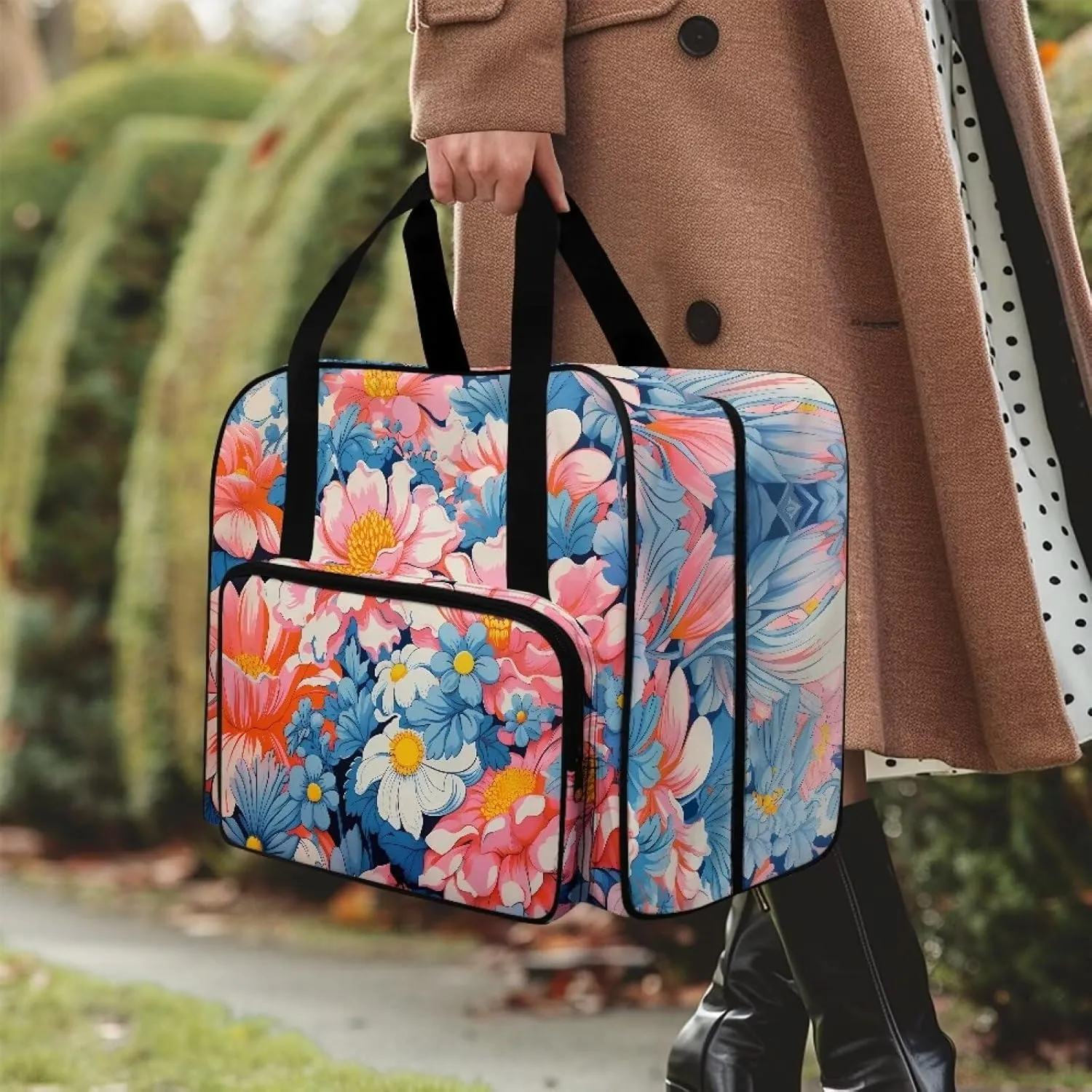 Sewing Machine Carrying Case Portable Sewing Machine Handbag Padded Storage Cover Carrying Case with Pockets and Handles for Standard Sewing Machine Blooming Flowers