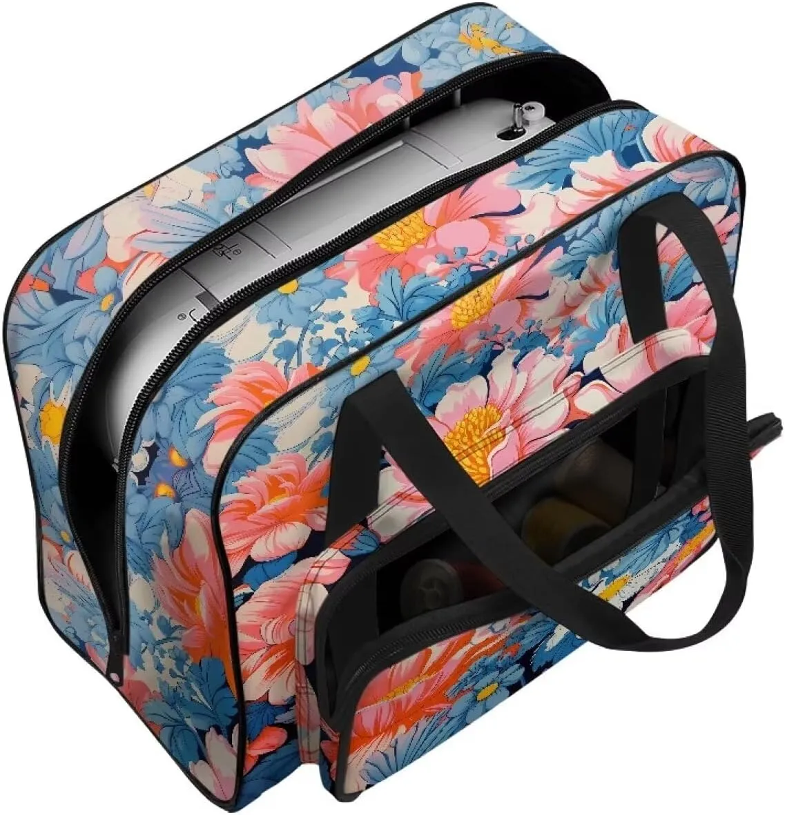 Sewing Machine Carrying Case Portable Sewing Machine Handbag Padded Storage Cover Carrying Case with Pockets and Handles for Standard Sewing Machine Blooming Flowers
