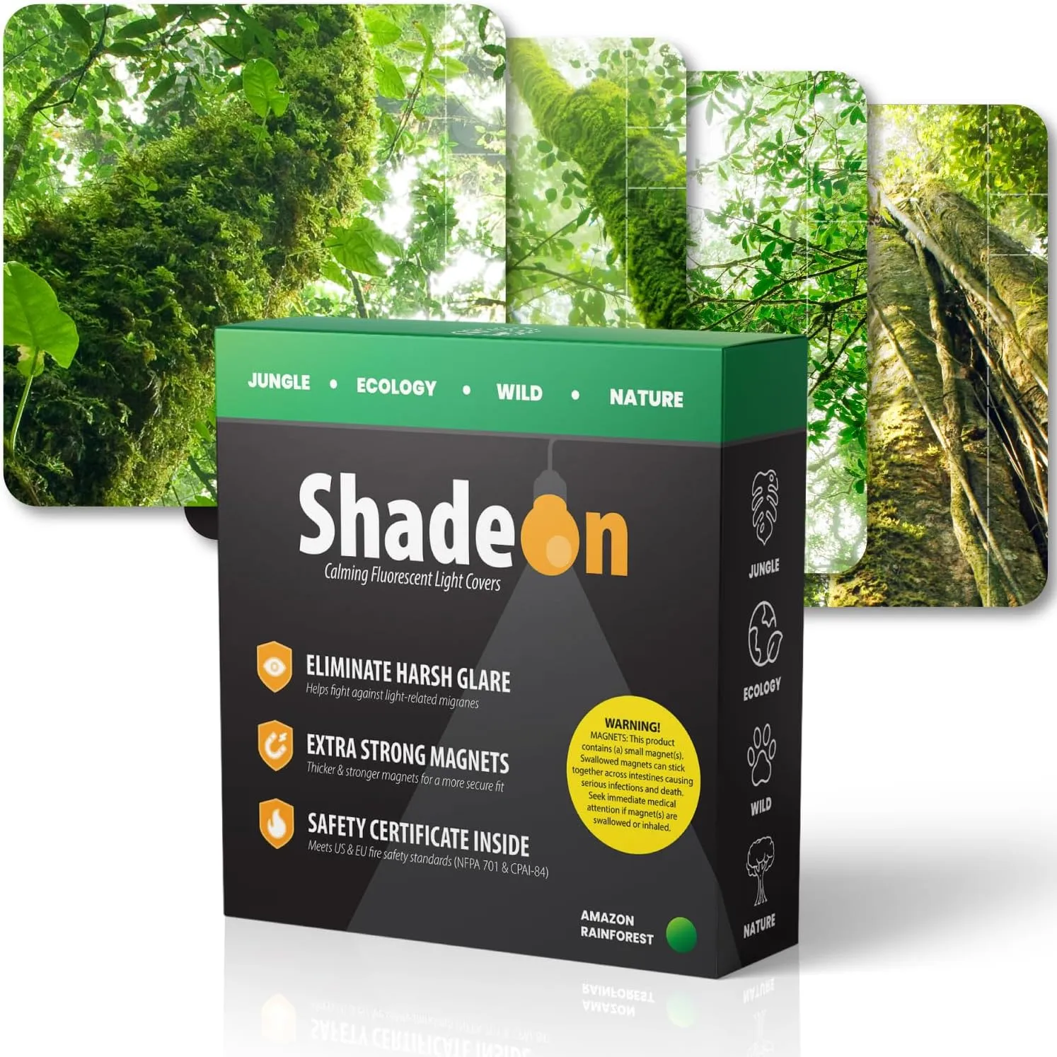 ShadeOn Fluorescent Light Covers for Ceiling Lights (4-Pack) - 2x4 ft Magnetic Light Covers for Ceiling Lights Classroom - Office Light Covers for Fluorescent Lights - Amazon Rainforest