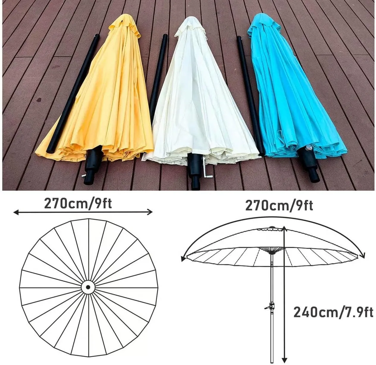 Shanghai Garden Parasol 270cm, Outdoor Patio Umbrella with Button Tilt and Crank, 24 Ribs, UV Protection, Waterproof, Balcony Umbrella