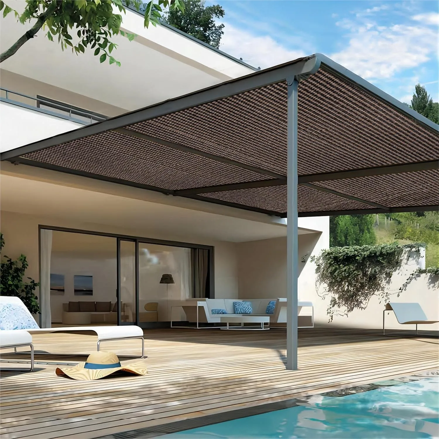 Shatex 90% Sun Shades for Patios 6X 10ft Shade Fabric Sun Shade Cloth Taped Edge with Grommets Sun-Block Mesh Shade for Pergola Cover Canopy Mocha, 12 Bungee Balls