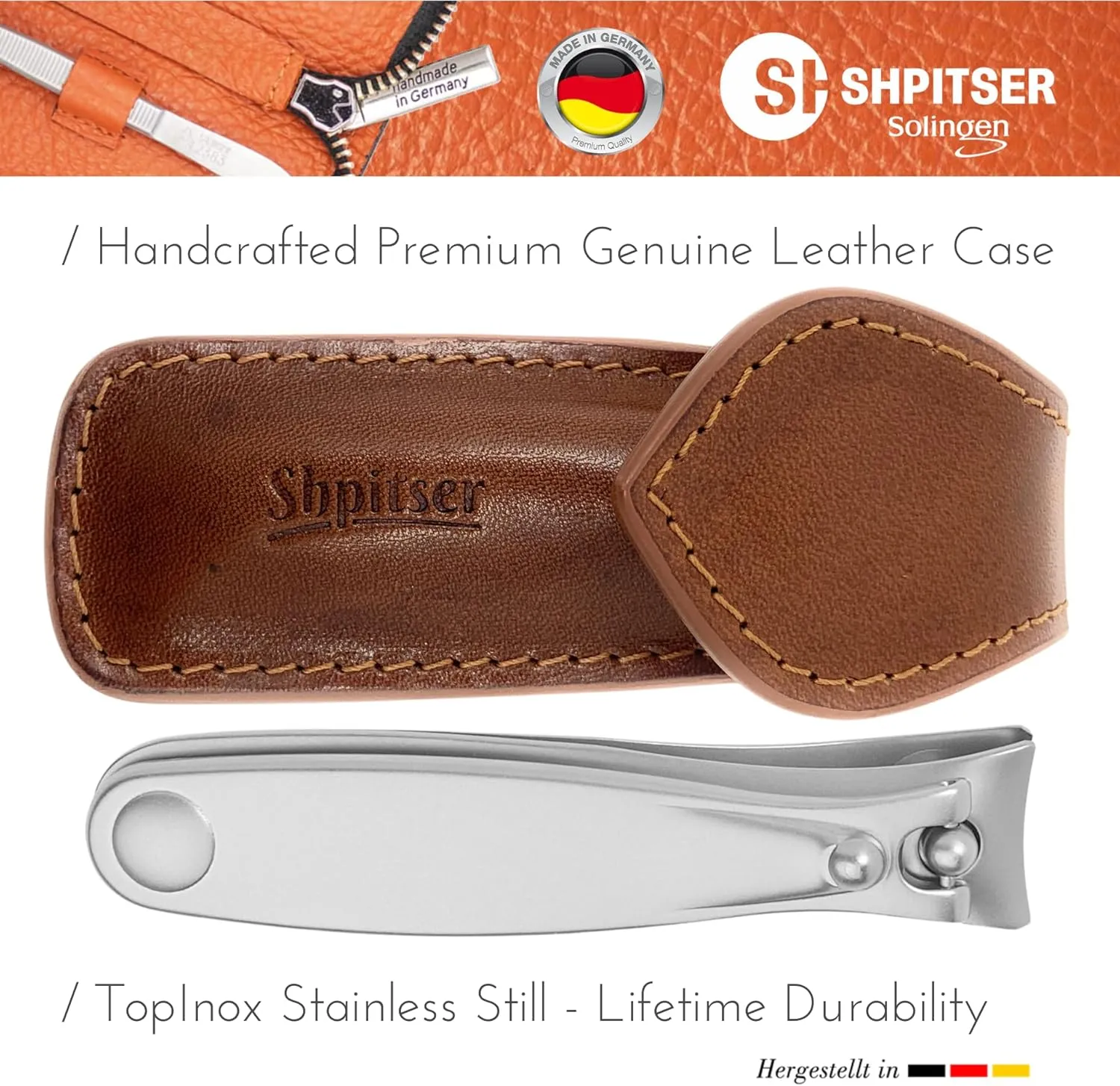 Shpitser Nail Clipper of Solingen Stainless Steel, German TopInox German Fingernails and Toenails Clipper, Nail Care for Men and Women in Genuine Leather Case (Dark Brown)