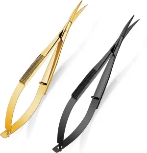 Shynai 2 Pieces 4.7 Inch Eyebrow Scissors Embroidery Scissors Spring Action Curved Tip Stainless Steel Cutting Eyebrow Trimming Craft(Black，gold)