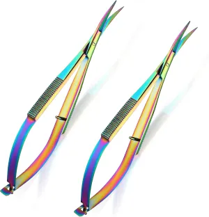 Shynai 2 Pieces 4.7 Inch Eyebrow Scissors Embroidery Scissors Spring Action Curved Tip Stainless Steel Cutting Eyebrow Trimming Craft(Multi-color)