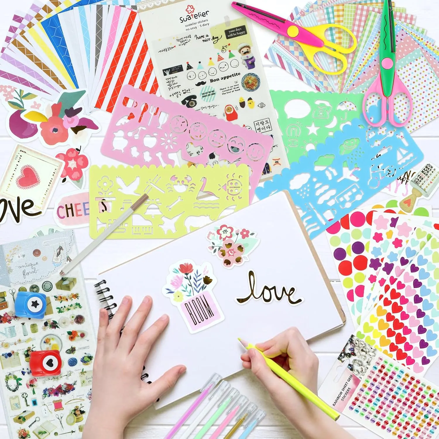 SICOHOME Scrapbook Supplies Kit - Bullet Junk Journaling Scrapbooking Set with Stationery Paper Stickers Tapes Scissors Markers - Birthday Gift Love Craft for Starter Kid Girl Women Adults