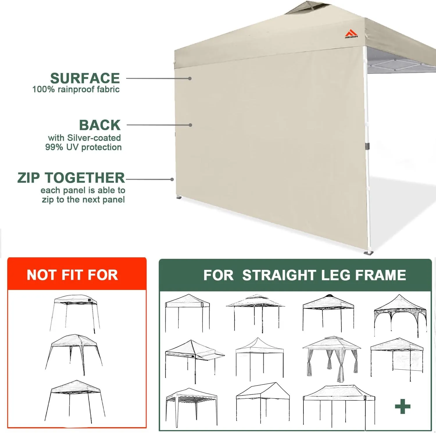 SideWall for 10x10 Canopy Frame, 3 Pack Beige SunWall Only, (with Zippers)