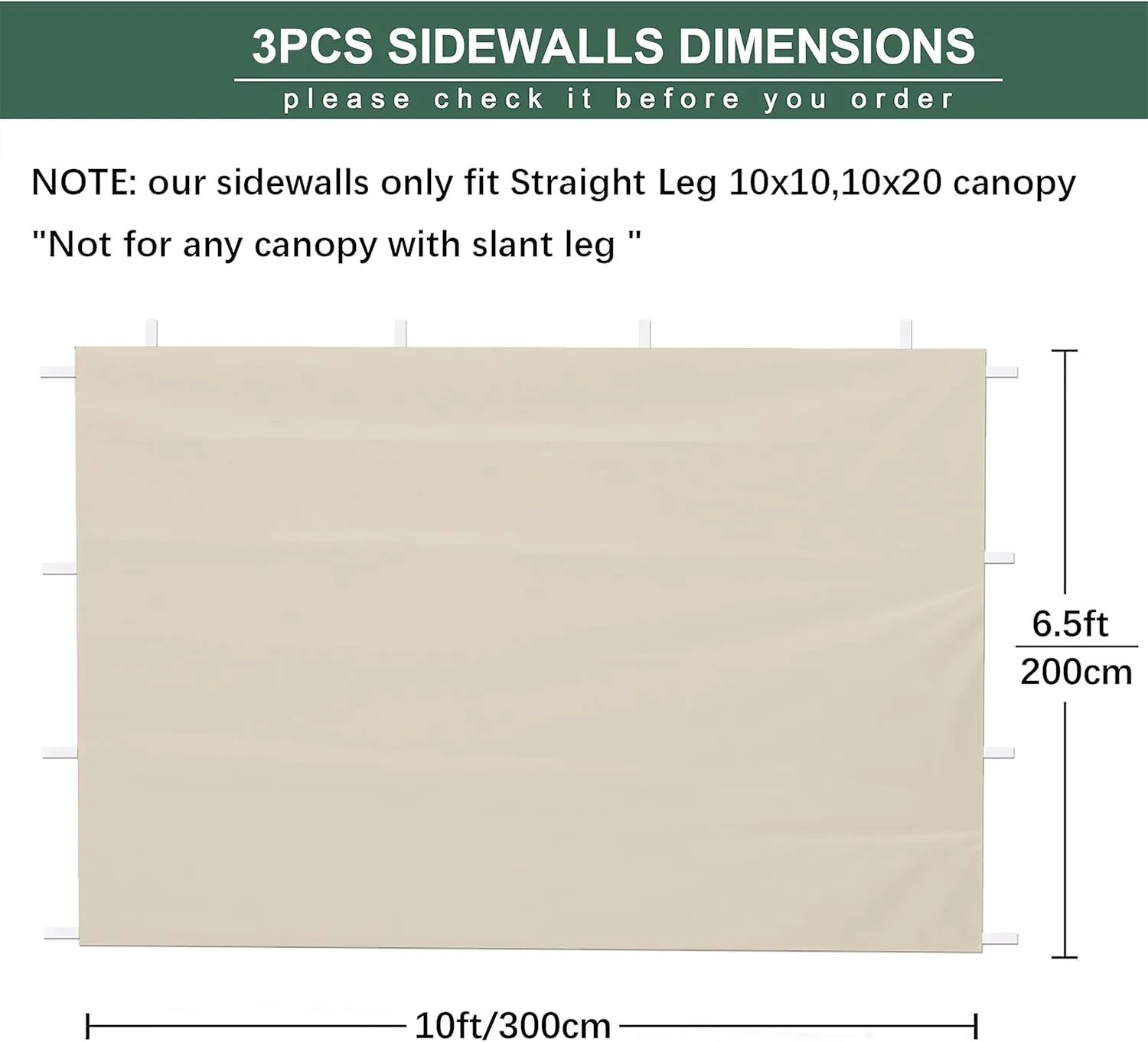 SideWall for 10x10 Canopy Frame, 3 Pack Beige SunWall Only, (with Zippers)