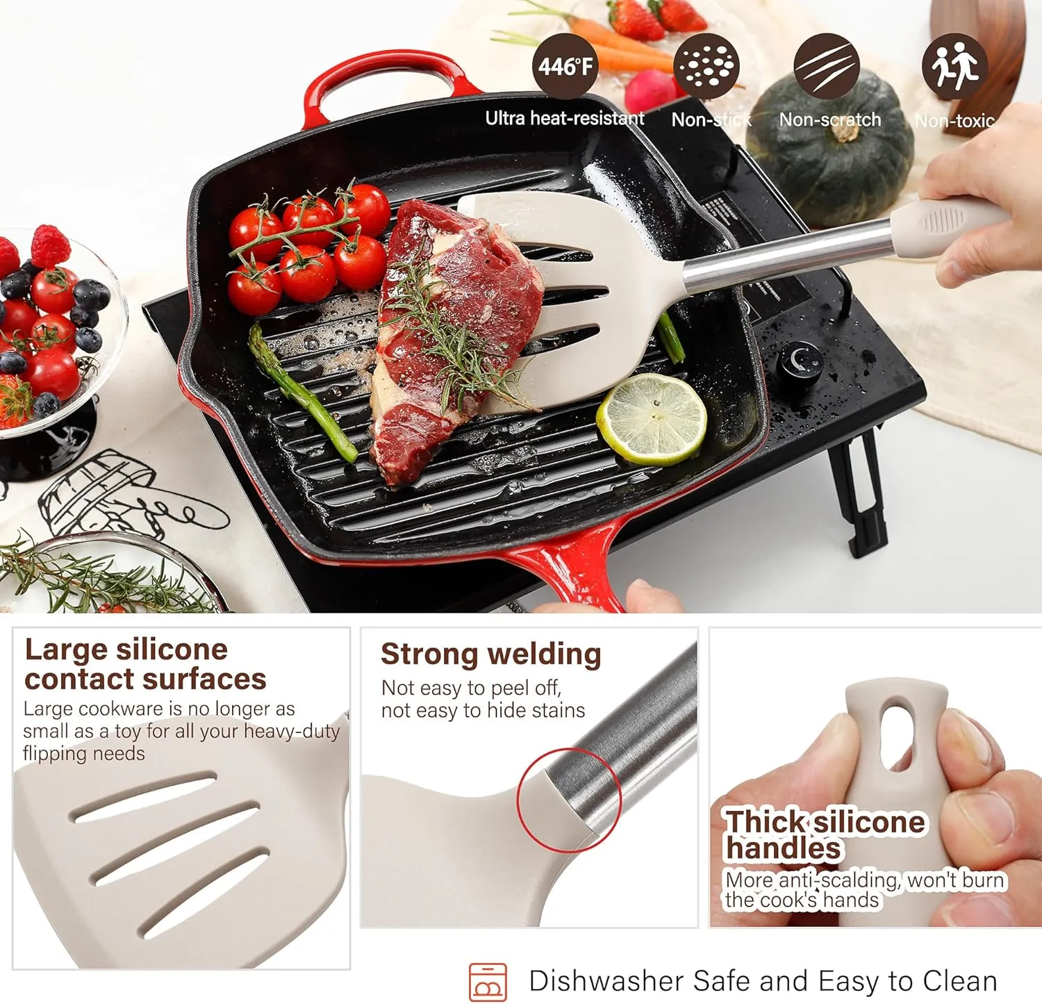 Silicone Cooking Utensils Set, NCUE 35 Pcs Kitchen Utensils Set with Holder, with Stainless Steel Handle Spatula Set, Spoons, Pasta Server, Cheese Grater, Masher, Scissors, Dishwasher Safe (Khaki)