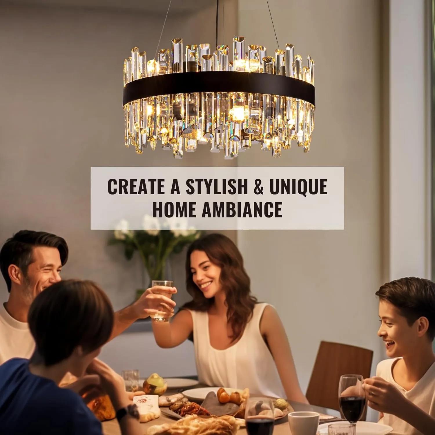 Siljoy Modern Crystal Chandelier Black Round Semi Flush Mount Pendant Ceiling Light 12 Lights Farmhouse 2 Tiers Crystal Raindrop Chandelier for Living Dining Room Island Entryway Bedroom D19.7''