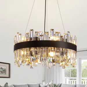 Siljoy Modern Crystal Chandelier Black Round Semi Flush Mount Pendant Ceiling Light 12 Lights Farmhouse 2 Tiers Crystal Raindrop Chandelier for Living Dining Room Island Entryway Bedroom D19.7''