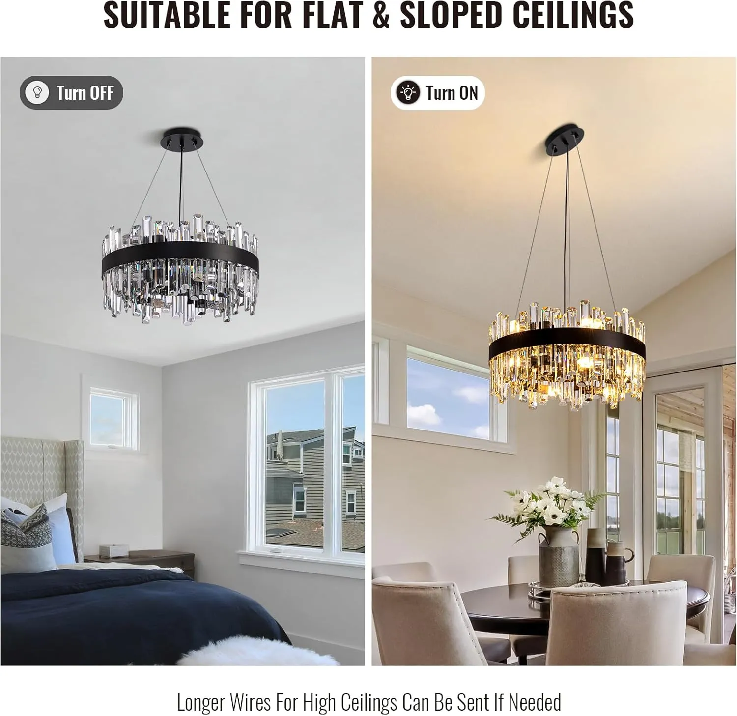 Siljoy Modern Crystal Chandelier Black Round Semi Flush Mount Pendant Ceiling Light 12 Lights Farmhouse 2 Tiers Crystal Raindrop Chandelier for Living Dining Room Island Entryway Bedroom D19.7''
